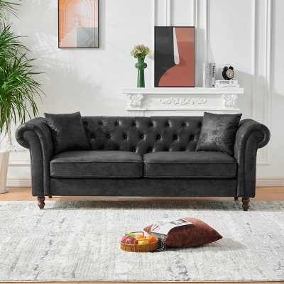 83" Chesterfield 3 Seater Sofa,Classic Rolled Arm Couch with Stain Resistant Tech Fabric & Button Tufting for Living Room-Baofuwish