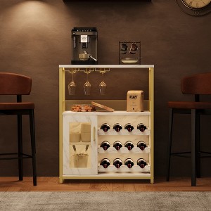 3-Tier Wine Bar Cabinet w/Detachable Rack - Buffet Storage w/Glass Holder & Mesh Door - 1 of 4
