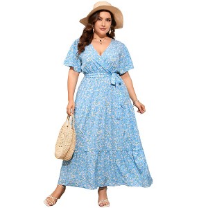 BLUEMING Summer Maxi Dress for Plus Size Women Tie Wasit Surplice Dress Flutter Sleeve A-Line Dress - 1 of 4