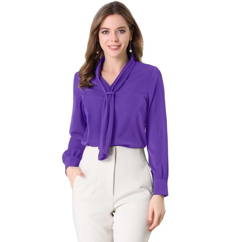 Allegra K Women's Long Sleeve Pleated Tie Neck Office Blouses Purple X-Large