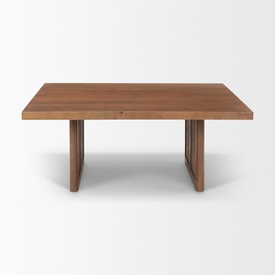 HomeRoots 42" Brown and Natural Solid Wood and Wicker Square Double Pedestal Coffee Table