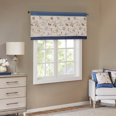 Navy and Beige Floral Embroidered Rod Pocket Valance