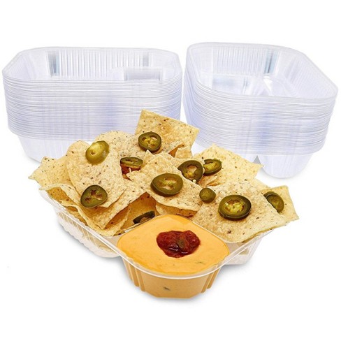 500/Case Clear 2 Compartment Plastic Nacho Chips Cheese Chili Fry Tray Basket 