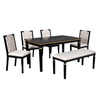 ChicFurnit Dining Sets Elegant 6 Piece Dining Table Set with Upholstered Chairs and Bench for Dining Room, Black, 39.2"*20.1"*20.1"