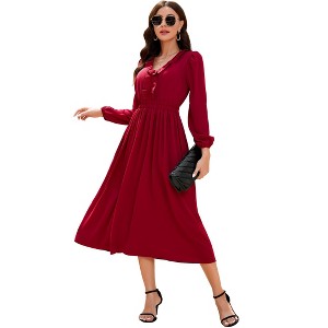 Womens Ruffle Cocktail Party Dress Long Sleeve V Neck Midi Dress Elastic Empire Waist Wedding Guest Fall Dress - 1 of 4