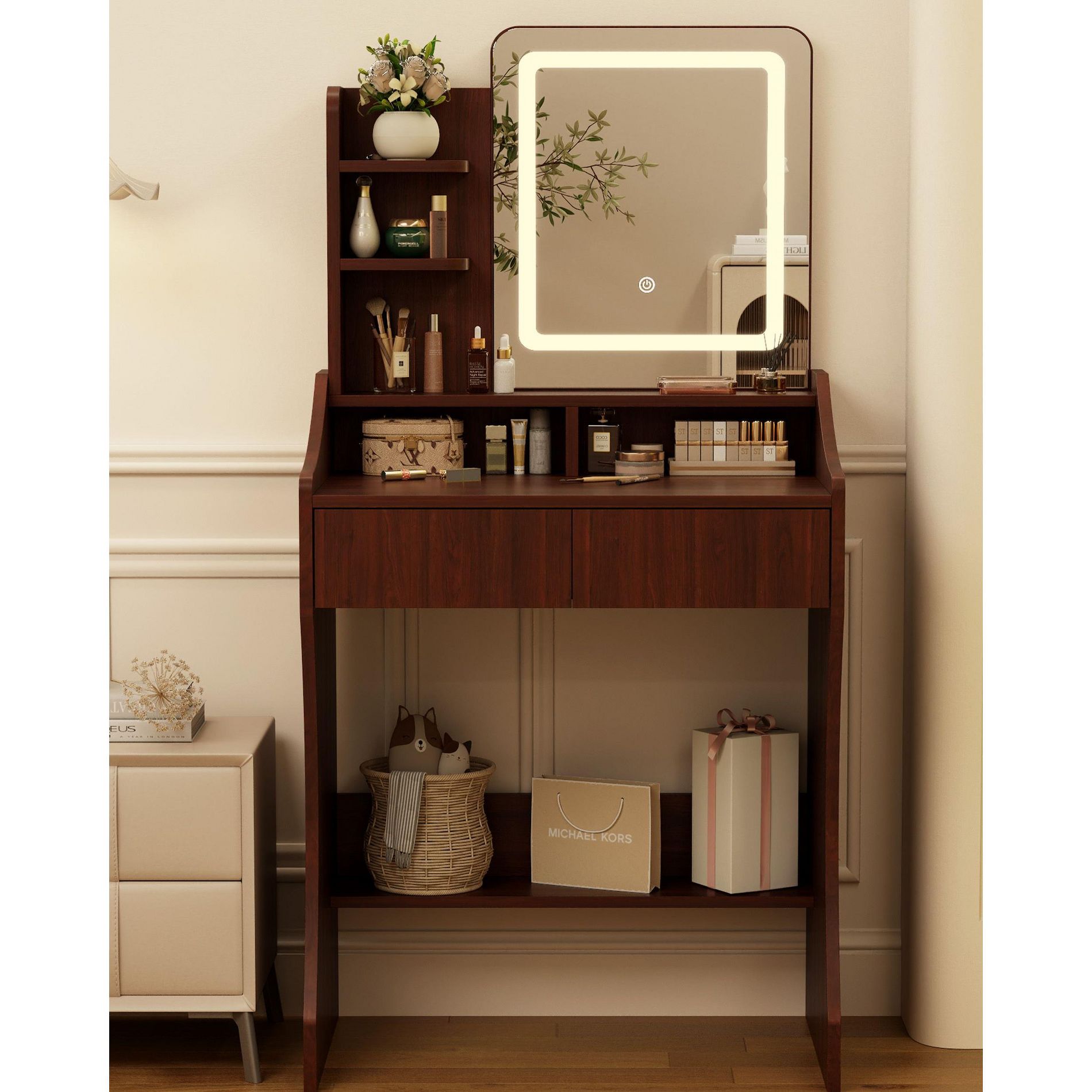 Small Vanity Desk with Mirror and Lights, Makeup Vanity with Drawer & 3 Storage Shelves for Bedroom,Brown