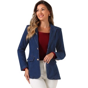 Allegra K Women's Notched Lapel Denim Single Breasted Shoulder Pad Business Casual Blazer - 1 of 4