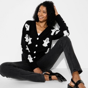 Women's Ghost Graphic Cardigan - Black - 1 of 3