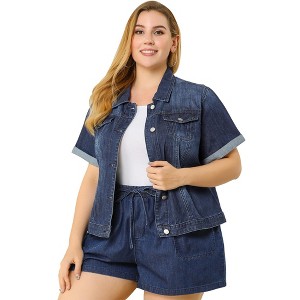 Agnes Orinda Women's Plus Size Denim Button Front Crop Short Sleeve Trucker Jean Jackets - 1 of 4