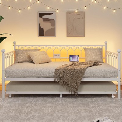 Twin Daybed with Trundle, Multifunctional Convertible Couch Bed with Built-In LED Lights，Metal Day Beds Twin Size, Sofa Bed for Living Room
