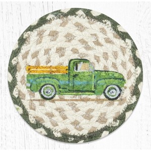 Earth Rugs Round Large Coasters Vintage Green Truck – 7"x7" Hand-Braided Jute Accent - 1 of 3