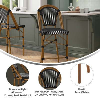 Emma + Oliver 26" Black & White PE Rattan Bistro Counter Stools with Bamboo Metal Frame
