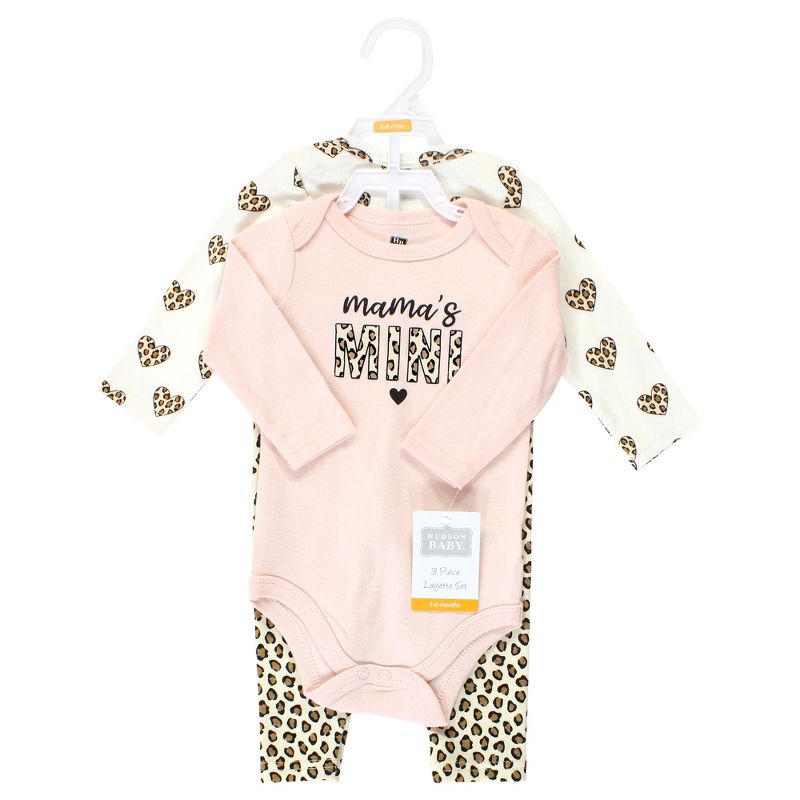 Hudson Baby Infant Girl Cotton Bodysuit and Pant Set, Leopard Hearts Long Sleeve, 2 of 6