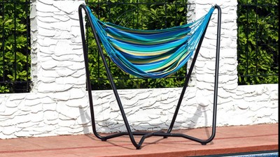 Blue Cotton Hanging Hammock Chair with Black Steel Stand