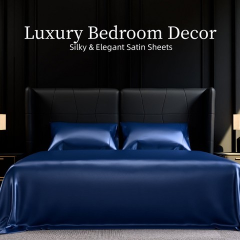 Skyzone Queen Size 4-Piece Satin Bedding Set - Silky 90GSM Sheets with 15" Deep Pocket, Navy Blue, Navy Blue 90"x102"