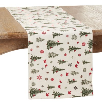 Saro Lifestyle Christmas Tree & Snowflakes Holiday Table Runner, 14"x72", Ivory