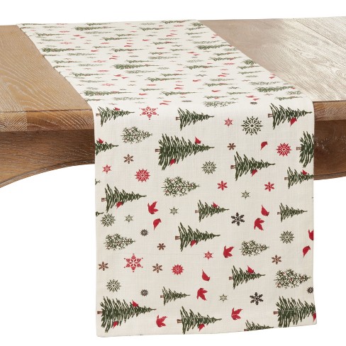 Saro Lifestyle Christmas Tree & Snowflakes Holiday Table Runner, Ivory ...