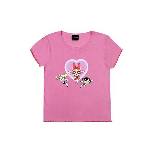 Powerpuff Girls Heart Crew Neck Short Sleeve Pink Women’s Lettuce Hem Baby Tee - image 1 of 2