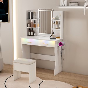 KTMBDW Makeup Vanity Table with LED Lights Mirror, 2 Storage Drawers, Power Outlets & Hairdryer Holder, Dressing Table with Cushioned Stool, White - 1 of 4