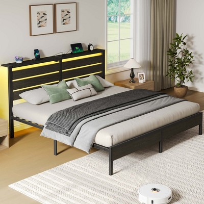 Greenstell Bed Frame with Headboard, Metal Platform Bed Frame with LED Lights & Charging Station, Under Bed Storage, Solid and Stable
