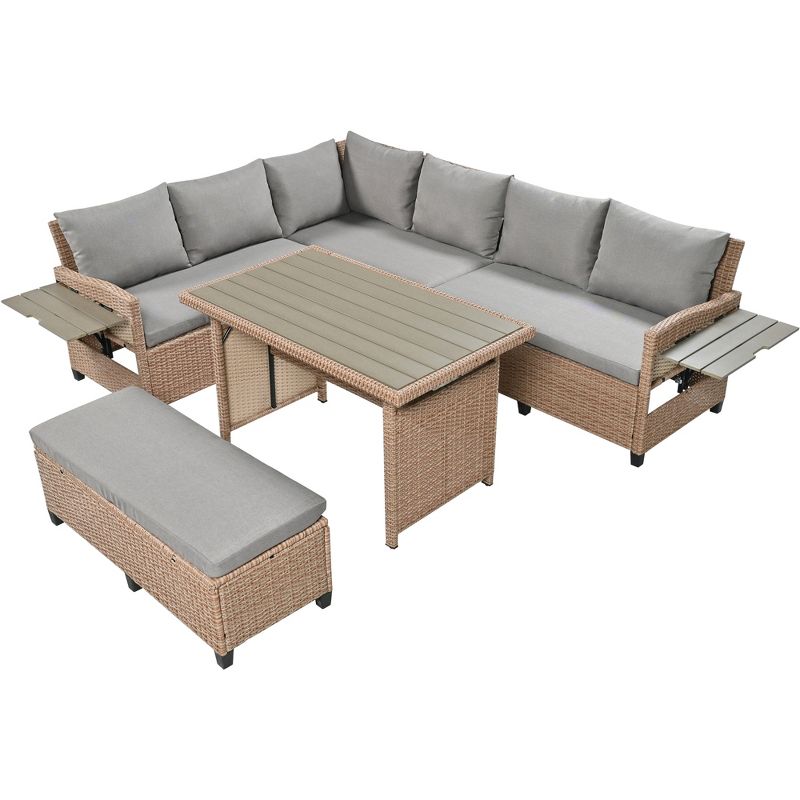 5-Piece PE Wicker L-Shaped Patio Conversation Sets with 2 Extendable Side Tables, Dining Table and Washable Covers - Maison Boucle, 3 of 10