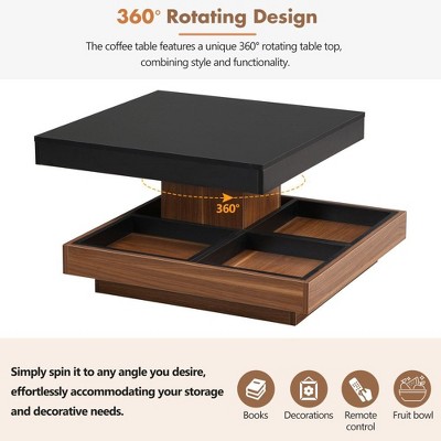 Modern Square 360°Rotating Coffee Table with Three Detachable Tray, 2-Tier Farmhouse Wood Center Table with Storage for Living Room,27.5*27.5in