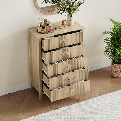 Fluted Dresser for Bedroom, 5-Drawer Wood Dresser for Bedroom, Modern Chest of Drawers, Storage Organizer Cabinet for Living Room, Hallway