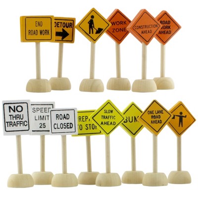Attatoy Toy Wooden Road Construction Traffic Sign Set; Street Signs Small Toy Cars and Other Diecast Vehicles, Wood Cars and Toys