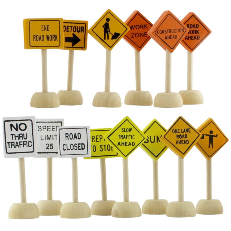Attatoy Toy Wooden Road Construction Traffic Sign Set; Street Signs Small Toy Cars and Other Diecast Vehicles, Wood Cars and Toys, 1 of 9