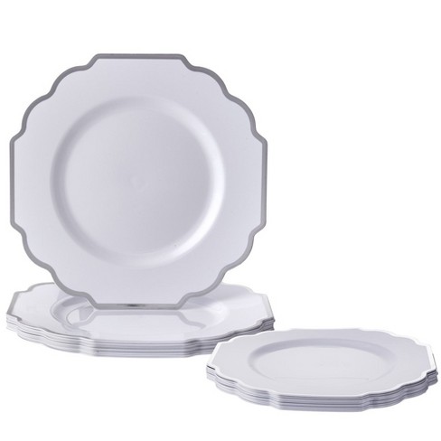 Plastic Disposable Square Dessert Plates, 50-Pack 7.5 Inches White with  Silver