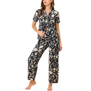 cheibear Women's Silky Short Sleeves Sleepshirt with Pants Sleepwear Pajama Set 2 Pcs - 1 of 4