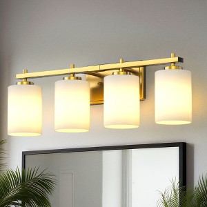 DORESshop 4-Light KD Gold Bathroom Wall Sconce, Modern Vanity Light with White Frosted Glass Shades for Vanity, Bedroom (Bulb Not Included) - 1 of 4