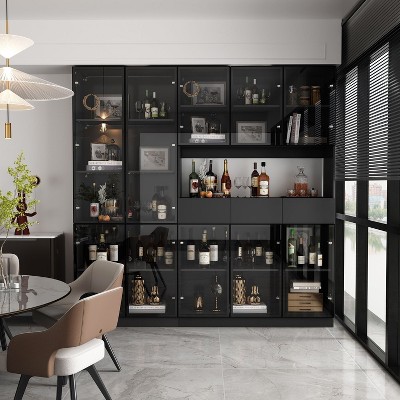 Famapy Black 78.7"W Large Combo Storage Cabinet Spacious Pantry With Light Modular Display Cabinet