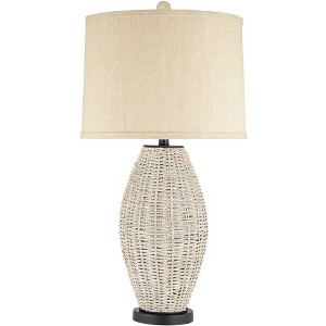 360 Lighting Modern Coastal Table Lamp 31" Tall Light Rattan Oatmeal Drum Shade for Living Room Bedroom House Bedside Nightstand - 1 of 4