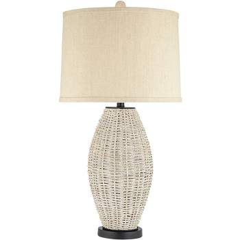 360 Lighting Modern Coastal Table Lamp 31" Tall Light Rattan Oatmeal Drum Shade for Living Room Bedroom House Bedside Nightstand
