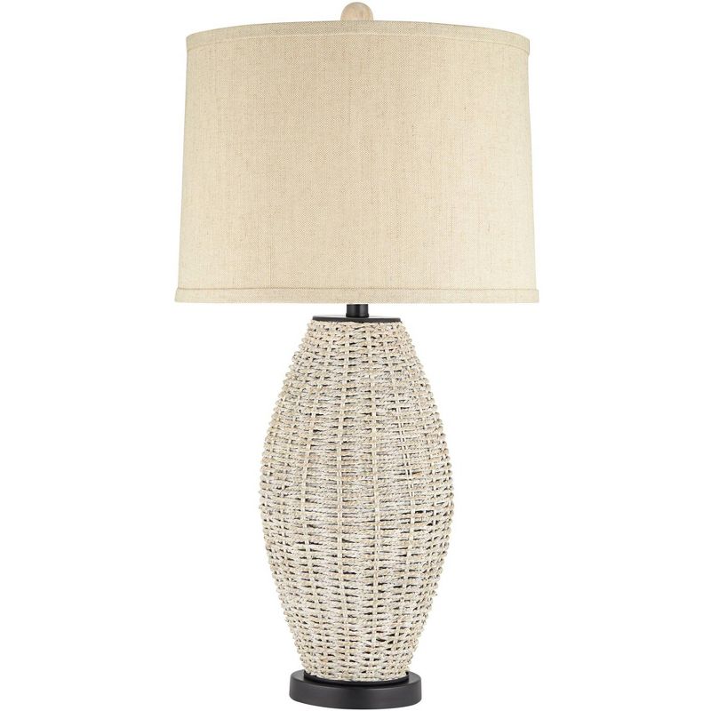 360 Lighting Modern Coastal Table Lamp 31" Tall Light Rattan Oatmeal Drum Shade for Living Room Bedroom House Bedside Nightstand, 1 of 9