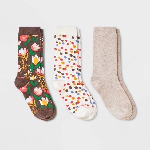 Women's 3pk Contemporary Floral Print Crew Socks - A New Day™ Brown  Heather/ivory 4-10 : Target