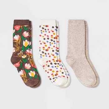 Women's 3pk Contemporary Floral Print Crew Socks - A New Day™ Brown Heather/Ivory 4-10