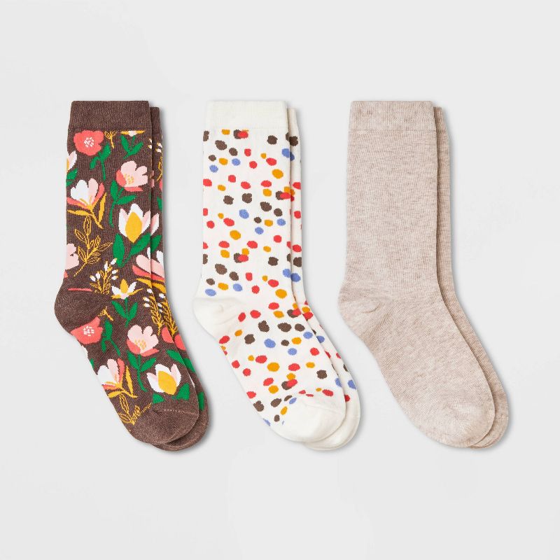 Women&#39;s 3pk Contemporary Floral Print Crew Socks - A New Day&#8482; Brown Heather/Ivory 4-10, 1 of 7
