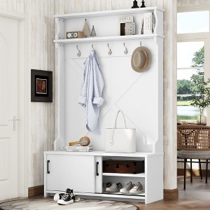 TIRAMISUBEST Rustic Style Hall Tree with Top Shelf and Sliding Door Bench, Hallway Shoe Cabinet with 5 Hanging Hooks - 1 of 4