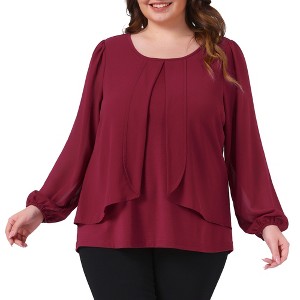 Women's Plus Size Layered Panel Flowy Crew Neck Long Sleeve Dressy Work Chiffon Blouse - Agnes Orinda - 1 of 4