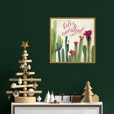 Feliz Navidad Christmas Cactus Print on Canvas with Gold Frame