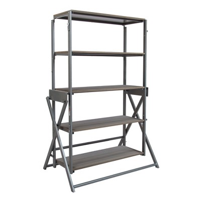 Origami 2 in 1 Multifunctional 52" Tall Wooden Convertible Farmhouse Display Storage Shelf To 60" Table Desk Unit for Indoor & Outdoor Spaces, Gray