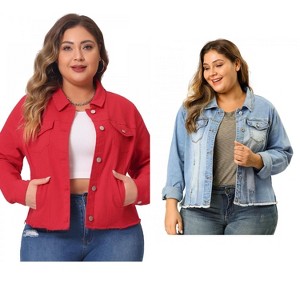 Women's Plus Size 2 Pieces Classic Denim Front Frayed Casual Long Sleeve Fashion Jean Jackets - Agnes Orinda - 1 of 4