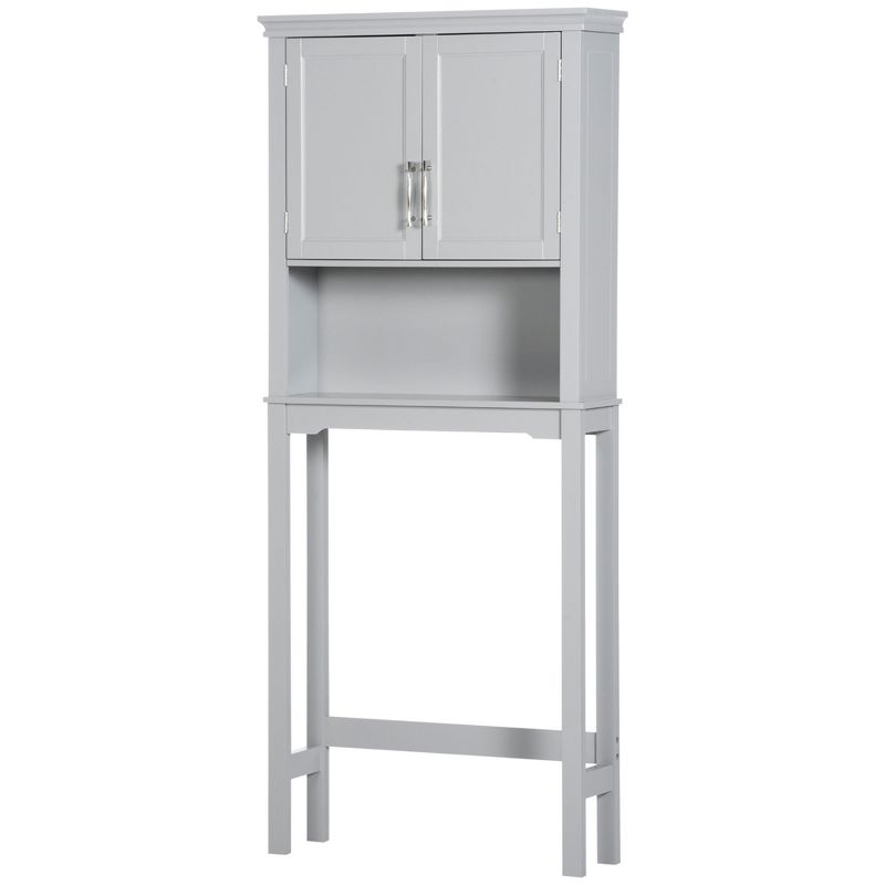 kleankin Modern Over The Toilet Storage Cabinet, Double Door Bathroom Organizer with Inner Adjustable Shelf and Open Shelf, Gray, 4 of 7