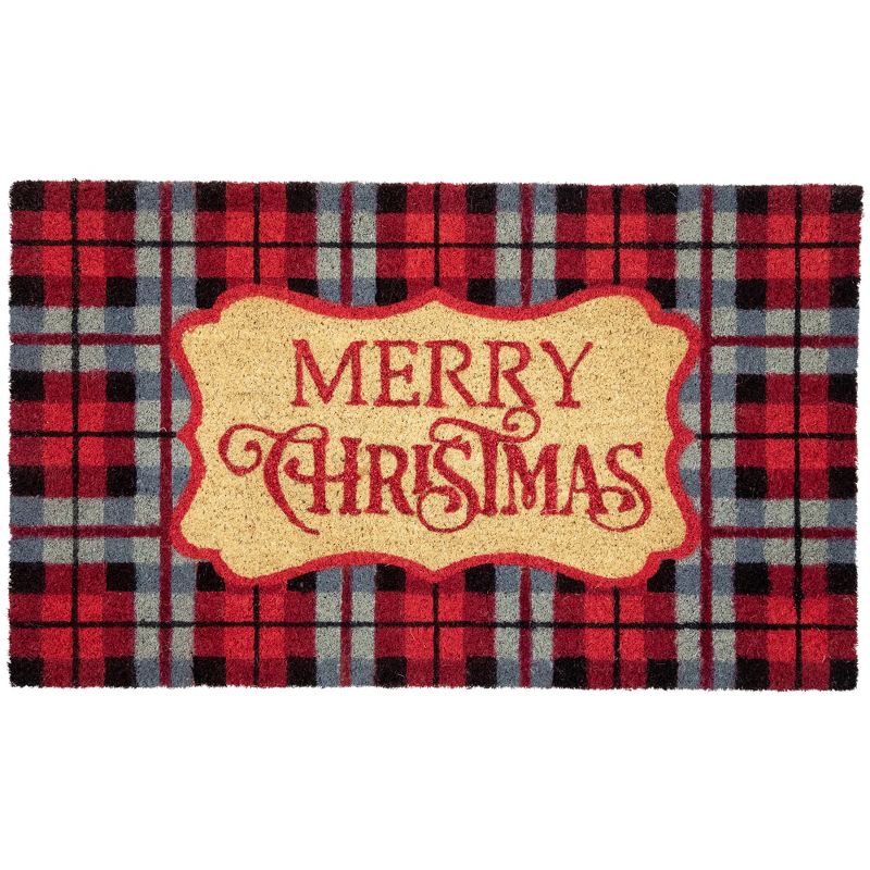 Northlight Red and Black Plaid "Merry Christmas" Rectangular Doormat 18" x 30", 1 of 7