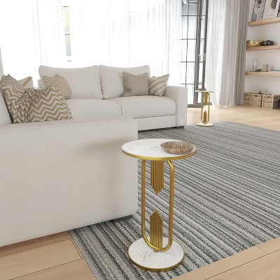 Royal Hampton Side End Table with Round Marble Top and Oblong Frame, 21" Height