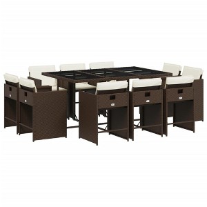 vidaXL 11-Piece Patio Dining Set - Brown Poly Rattan, Cushions, Tempered Glass Tabletop, Garden/Backyard/Outdoor Furniture - 1 of 4