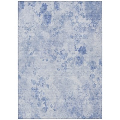 Sky Blue And Denim Blue Floral Washable Indoor Outdoor Area Rug
