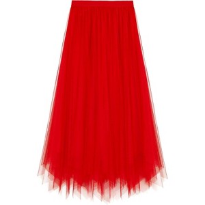Women's 2-Layer Tulle Midi Skirt - Tiered A-Line Long Skirt with Elastic Waist for Winter Irregular Red - 1 of 4